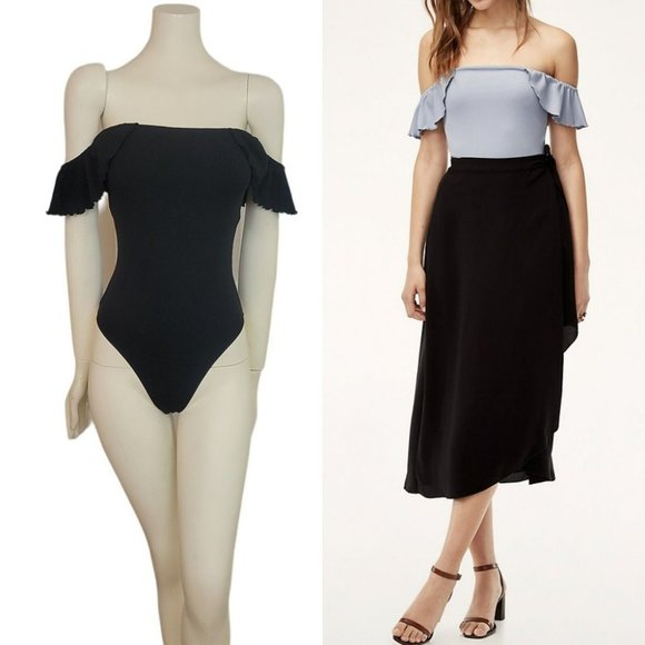 Wilfred Tops - Aritzia Wilfred Black Maeva Bodysuit Ruffled Top Blouse Fine Ribbed Thong Cut M